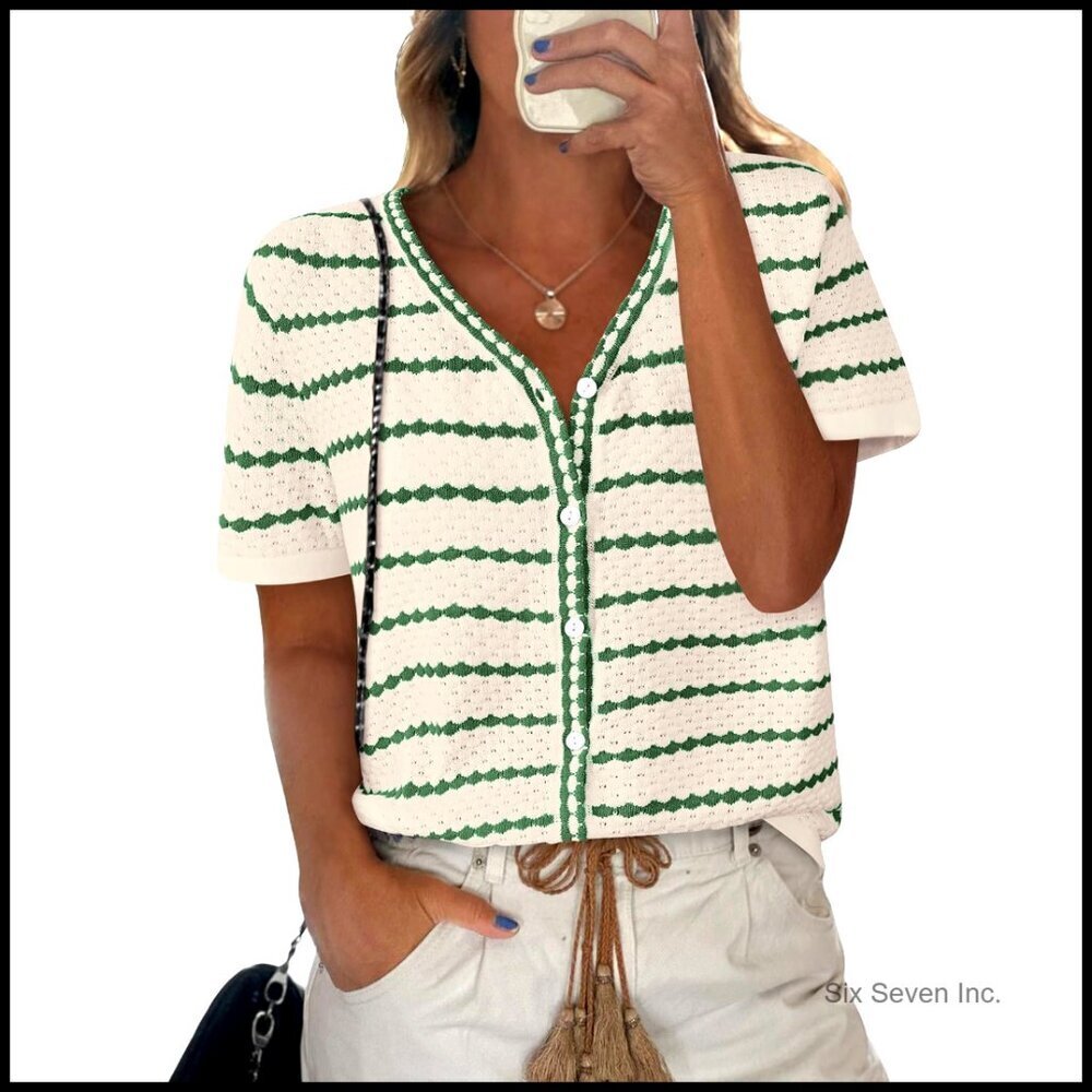 Short Sleeve Sweater V-Neck Crochet Knit Top Striped Button Down Chic Casual